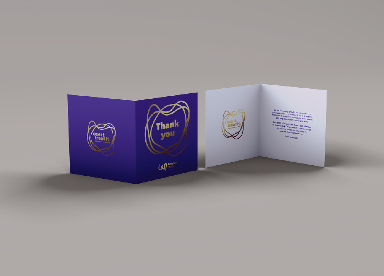 Weston Park Cancer Charity thank you card designed and printed by Dunstar Creative