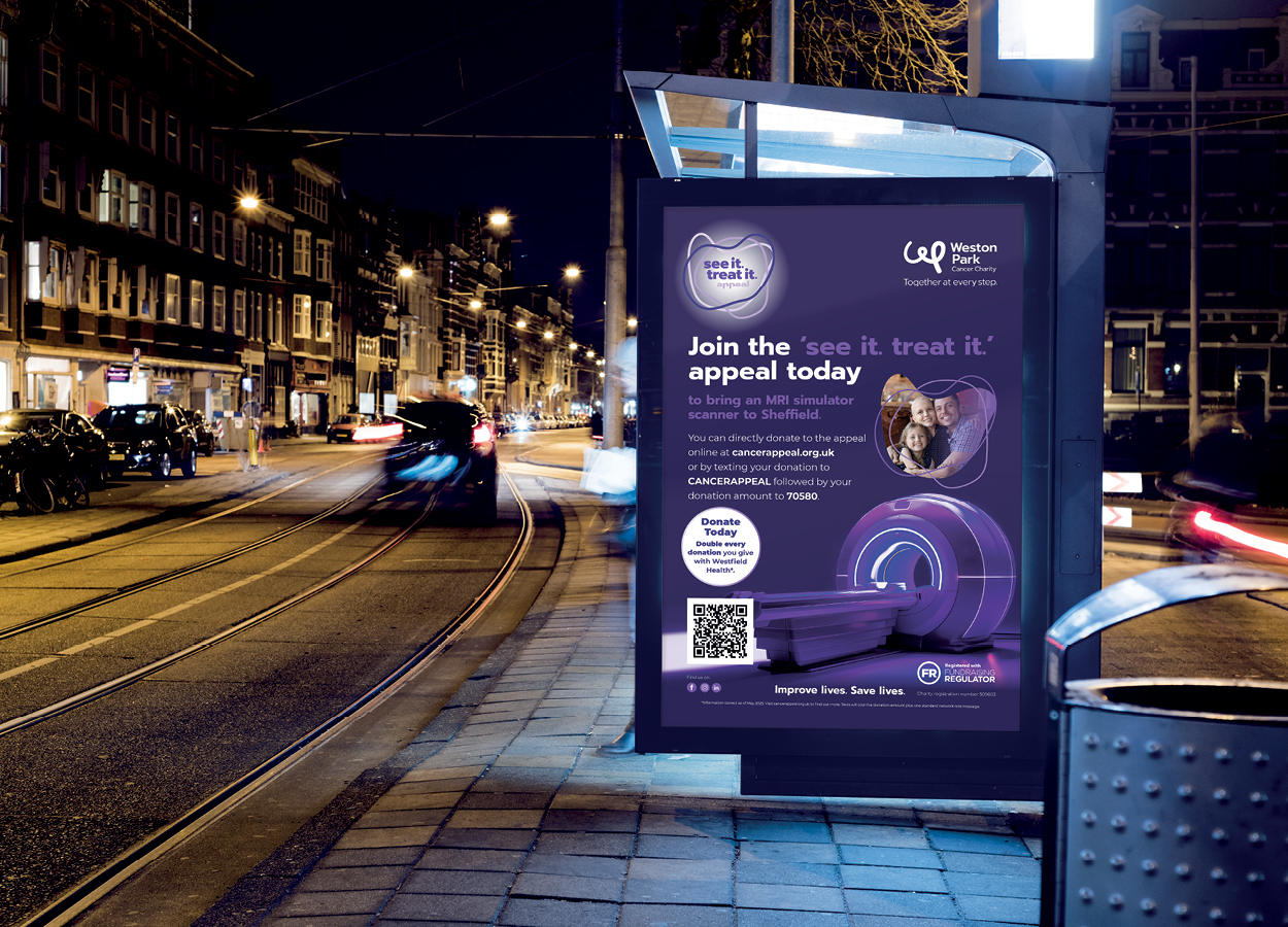 Weston Park Cancer Charity campaign artwork displayed on a digital outdoor advertising screen