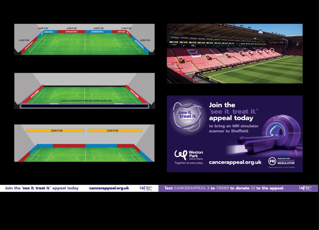 Stadium digital screen creative supporting the ‘See it, treat it’ appeal for Weston Park Cancer Charity at Sheffield United Football Club, by Dunstar Creative.