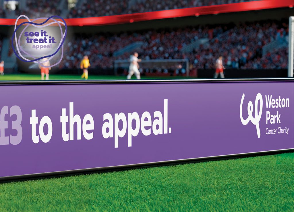 ‘See it, treat it’ appeal digital stadium graphics for Weston Park Cancer Charity, showcased at Sheffield United Football Club, by Dunstar Creative.