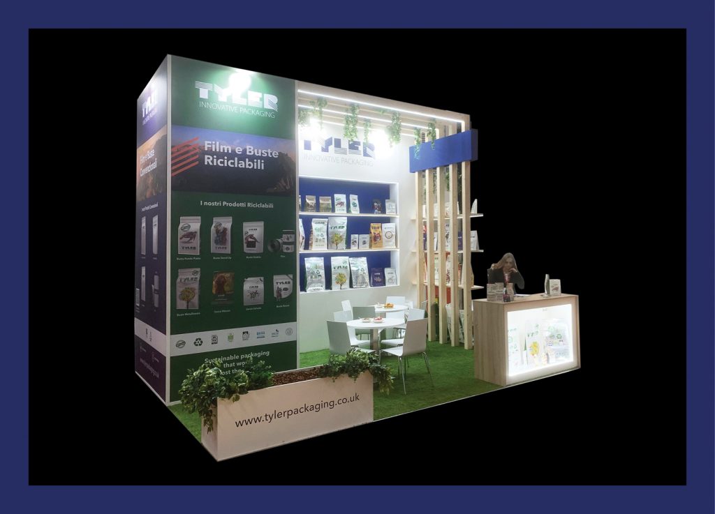 Vibrant Tyler Packaging stand visuals at Marca, showcasing Dunstar Creative design.