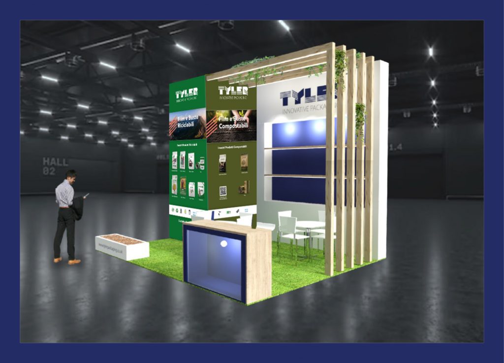 Large-scale exhibition graphics for Tyler Packaging at Marca designed to draw crowds.