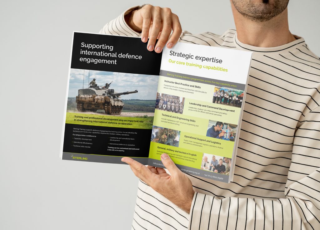 Folded brochure integrated into branded presentation folder for Sterling Training.