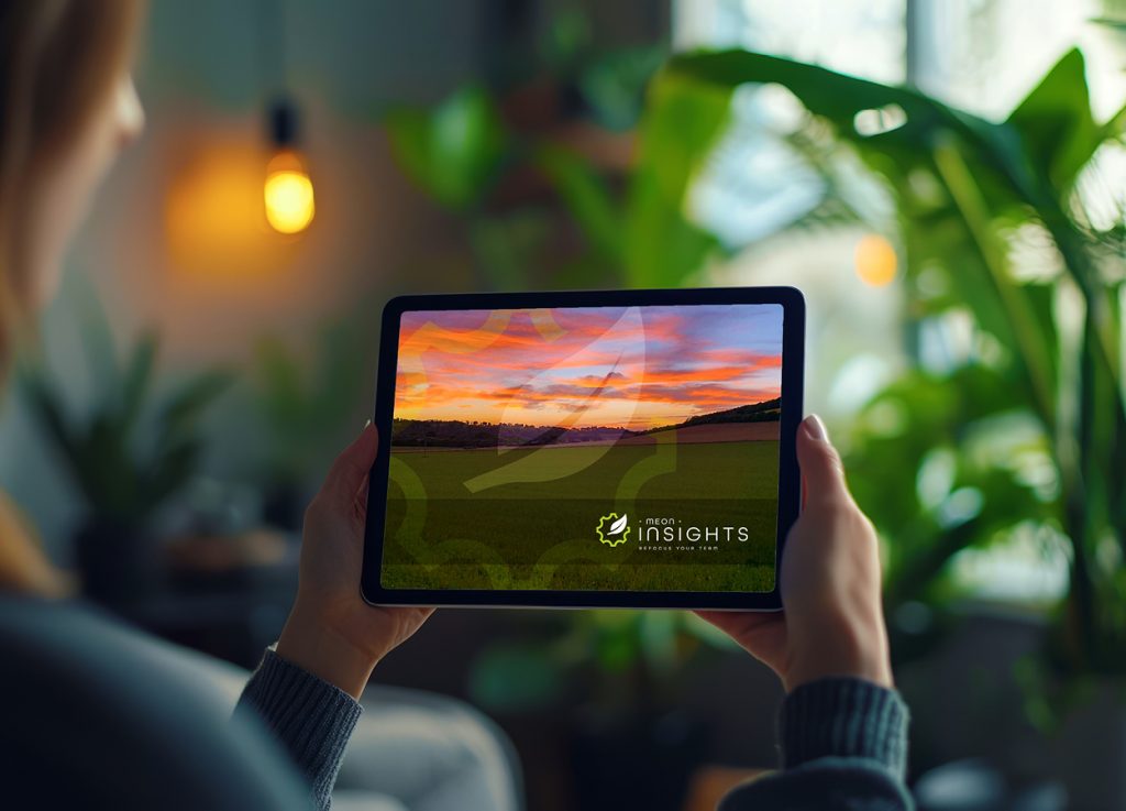 Tablet displaying the Meon Insights website against an outdoor background.