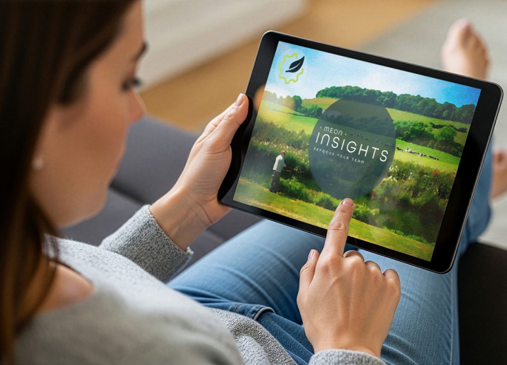Laptop displaying the Meon Insights website outdoors.