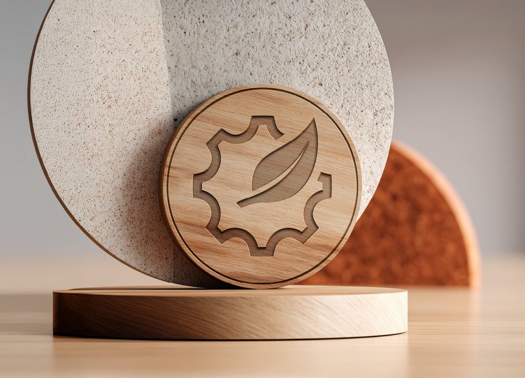 Wooden circular badge engraved with the Meon Insights logo.