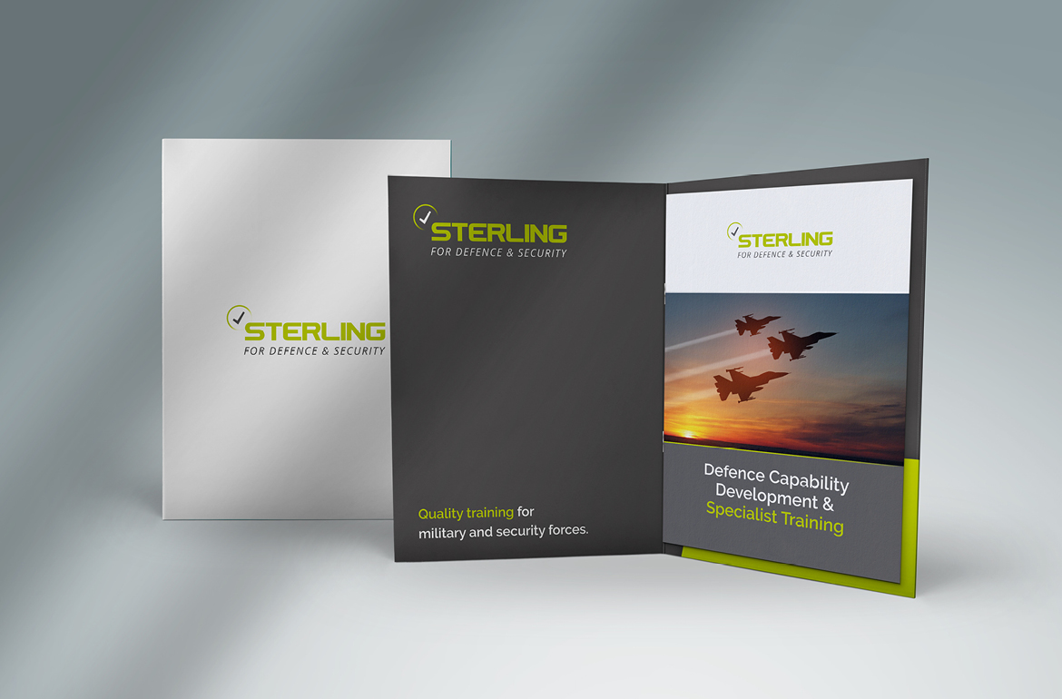 5mm capacity presentation folder for Sterling Training with stitched brochure and business card pocket, designed by Dunstar Creative