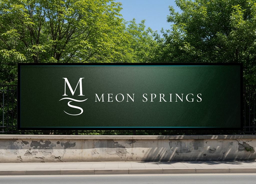 Meon Springs brand identity applied to a large roadside billboard mockup