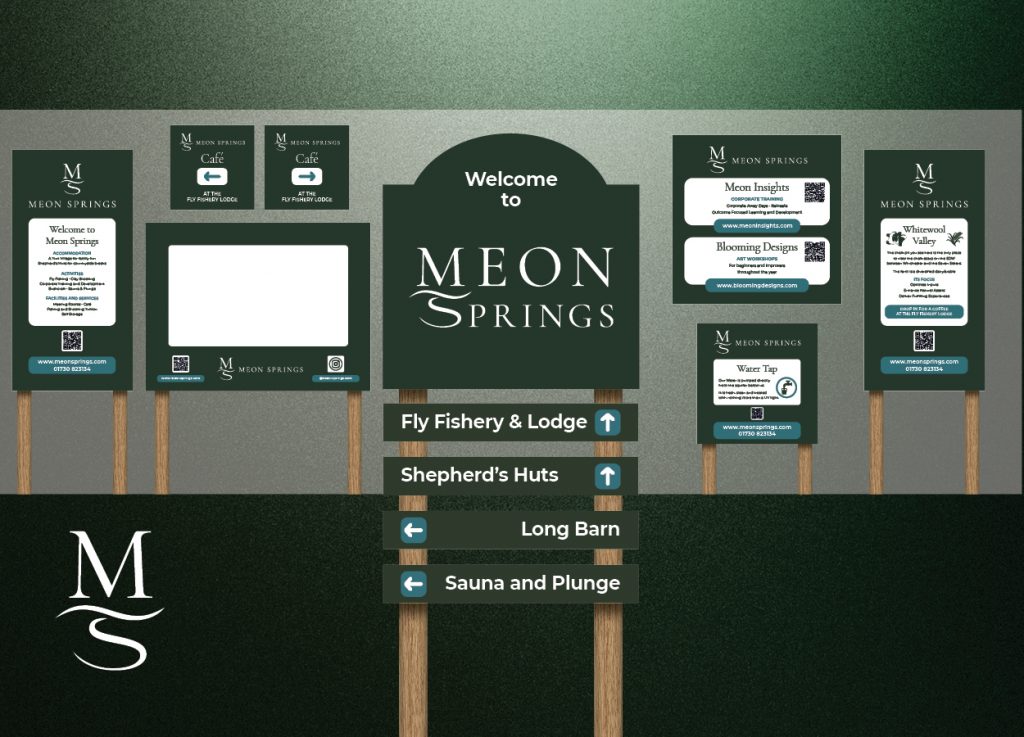 Meon Springs estate signage and wayfinding suite mockup designed by Dunstar Creative