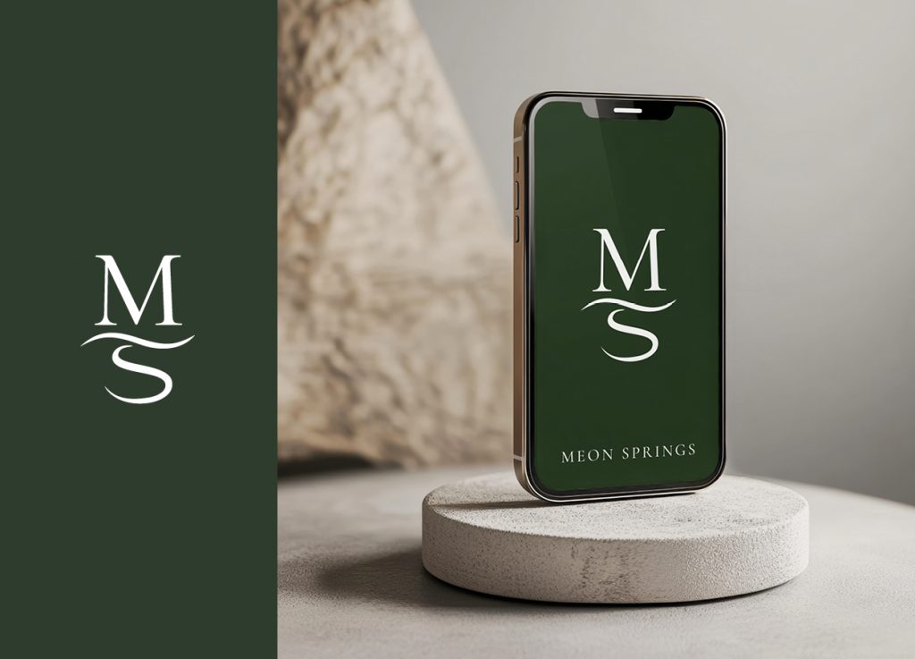 Meon Springs logo on green brand panel alongside smartphone screen mockup