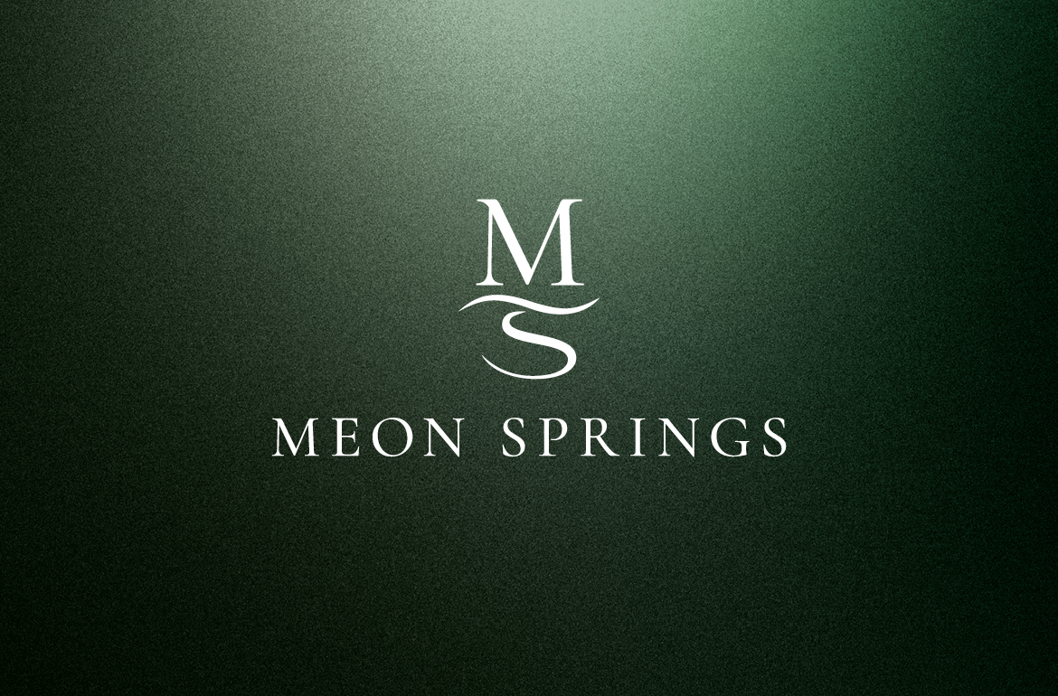 Meon Springs brand identity monogram on dark green background, designed by Dunstar Creative
